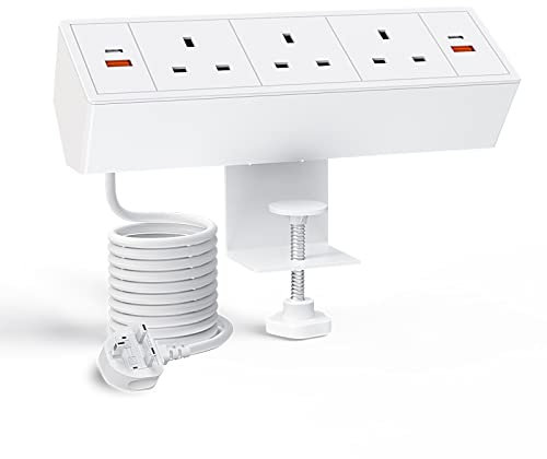 Desk Power Strip, Haiaoyyds Desk Power Socket with 3 UK Plugs, 2 USB C Ports, 2 USB A Ports, and 3M Cable, Desk Extension Lead for Home Office, White