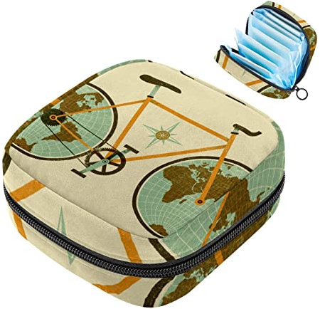 Damen-Servietten-Aufbewahrungstasche, lustige Retro-Weltkarte mit Fahrrad-Menstruationstasse, tragbare Damenbinden, Aufbewahrungstaschen, weibliche Menstruation, erste Periode, Tasche