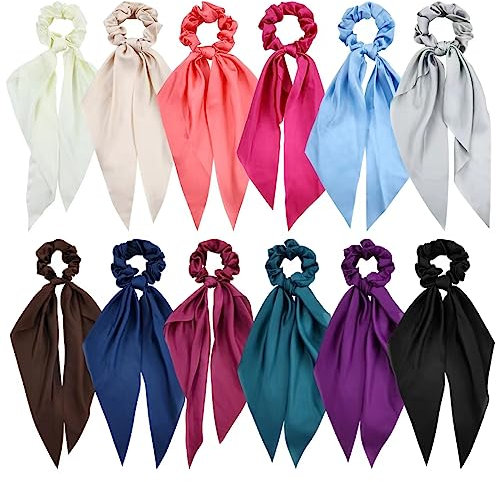 Cinaci 12 Stück Einfarbige seidige Satin Chiffon Haargummis mit langem Band Schleife Schwanz Pferdeschwanzhalter Gummibänder Zubehör für Frauen Mädchen Teens