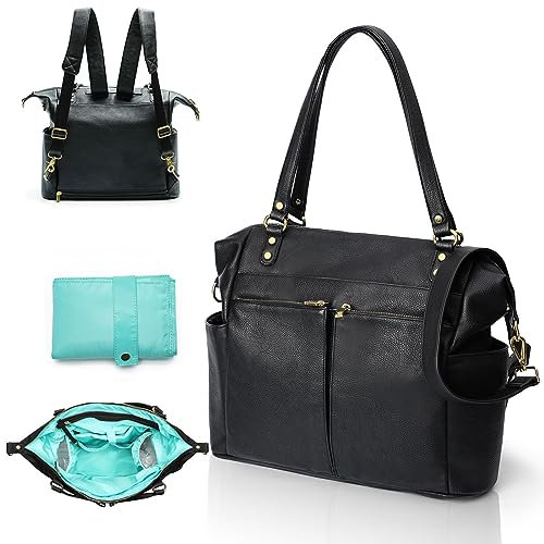 MISS FONG Baby Wickeltaschen Baby Wickeltasche Rucksack Wickeltasche Multifunktionale Ledertasche mit Schultergurt & Wickelunterlage für Mama & Papa Große Kapazität Wasserdichter Rucksack - Schwarz