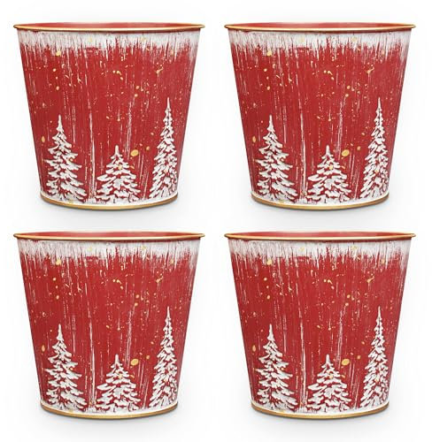Putuo Decor Weihnachtliche Pflanztöpfe, 15 cm, kleine Metall-Blecheimer mit Weihnachtsbaum-Muster, 4 Stück, rund, verzinkt, für Partys, Tischdekorationen