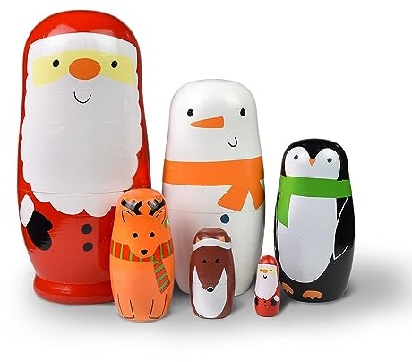GRPSKCOS Russische Nistpuppen Weihnachtsmann- Matrjoschka Weihnachtspuppen 6 Stück Russischer Schneemann Handgefertigtes Holzspielzeug Geburtstagswunsch Geschenk für Kinder Kleinkind Kinder