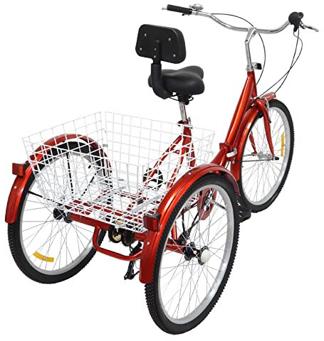 Brride Dreirad für Erwachsene Vintage Rot mit Rückenlehne und Shopping Korb 24 Zoll 3 Räder Faltbares Fahrrad 7 Gang-Fahrrad Dreiräder,City Tricycle für Freizeit-Shopping,Campingplätze