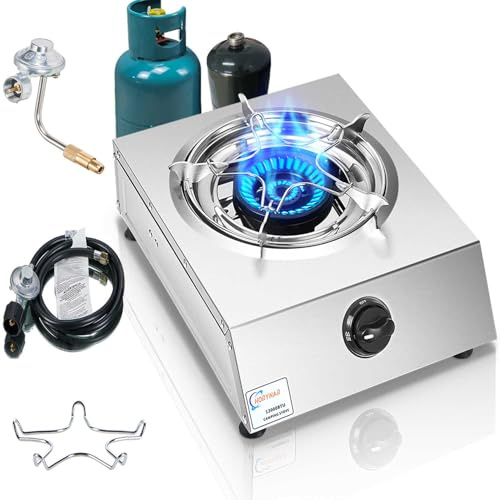Horynar Poêle à propane à brûleur unique 1 brûleur 12 000 BTU Réchaud à double combustible Brûleur au propane à allumage automatique avec convertisseur de propane CSA/tuyau GPL QCC1 Réchaud à gaz