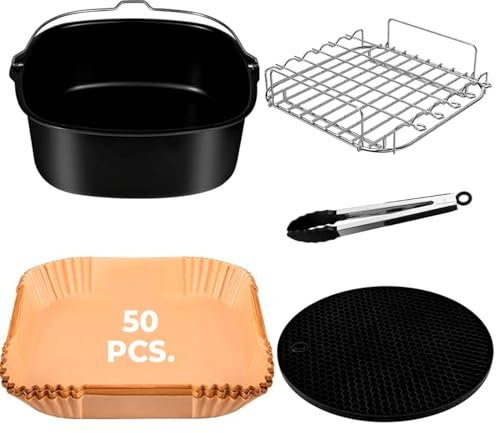 Kit de 5 Accesorios para Freidora sin Aceite COSORI 5,5L - 50 pcs de Papel para Airfryer - Incluye todos los Utensilios necesarios como Pinzas, Molde De Silicona para freidora y Bandeja Llana y Honda