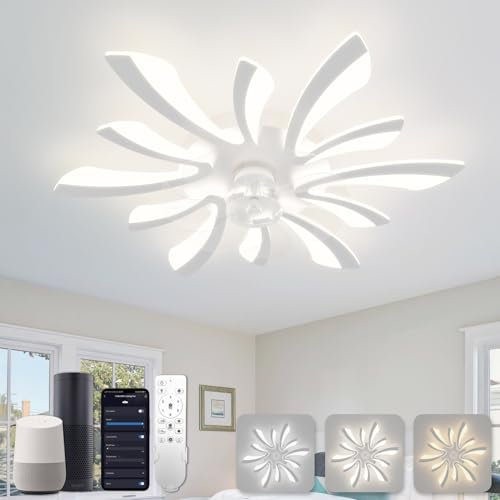 YUNLONG Smart Ventilador de Techo Con Luz Silencioso, WiFi Lámpara Compatible Con Alexa Google Home, Control por Voz/Mando/App, Para Dormitorio, Cocina, Blanco