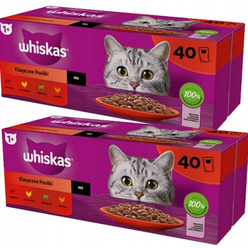 Whiskas Adult Katzenfutter nass Klassische Auswahl in Soße 80 Portionsbeuteln (2-er Pack)