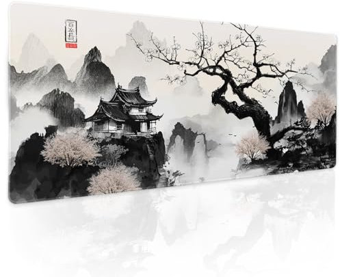 Grand tapis de souris pour gaming motif anime fleurs de cerisier et montagne, dos antidérapant en caoutchouc et bords cousus, noir/blanc, taille XL, 80 x 30 cm
