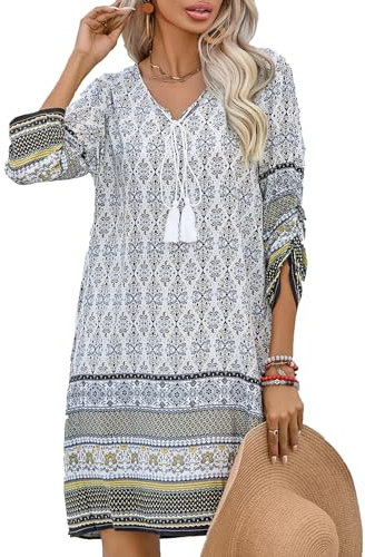 Zeagoo Damen Sommerkleid Bohemian Freizeitkleid Sommer 3/4-Arm Strandtunika Knielanges T Shirt Kleider Strandkleid Weiß XXL