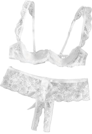 Lilosy Women Sexy White Floral Lace Sheer Lingerie Set Underwire See Through Bra and Panty, Half-cup White, XS