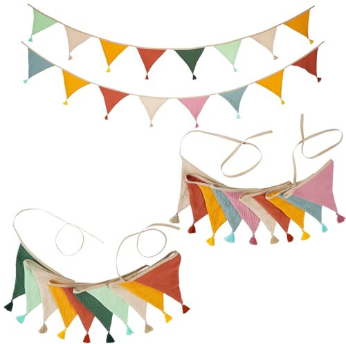 Celestia 2 Stück Wimpelkette, Wimpelkette Stoff, Girlande Kinderzimmer, Girlande Geburtstag für Einschulung Deko, Matschküche, Gartenparty, Regenbogen Deko, Luftschlangen, Schulanfang