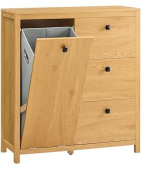 SoBuy Wäscheschrank mit ausklappbarem Wäschesäcken Wäschesack Wäschetruhe Wäschekorb Badezimmerschrank Badschrank Badmöbel Badkommode Dunkelnatur BHT ca. 80x90x35cm BZR97-SN
