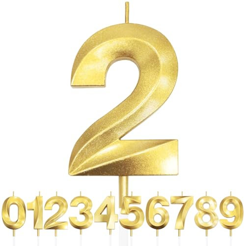Nummer 2 Geburtstagskerze, 2. Geburtstag Kerze, 3D Design Gold Glitter Nummer Kerzen, Cake Topper Dekorationen, Kuchen Kerze für Geburtstagsparty, Hochzeitstag, Baby-Dusche, Party-Dekoration