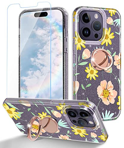 Petocase for iPhone 14 Pro Case,Heavy Duty with Rotation Ring Kickstand Magnetic Car Mount Full Body Shockproof Rugged Protection Slim Phone Cover for iPhone 14 Pro,Wildflowers