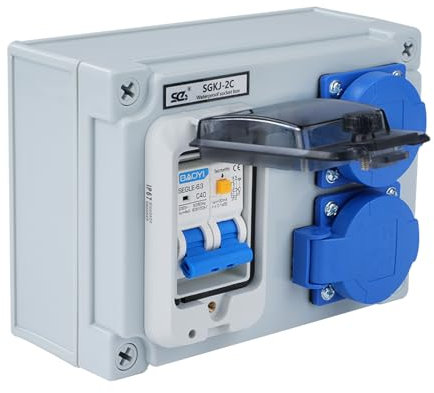 Distribuidor de corriente 16A Distribuidor de energía Distribuidor de pared con interruptor diferencial 1P+N de 32A con 2 tomas (distribuidor 2 polos de 250V) IP54 Estanco