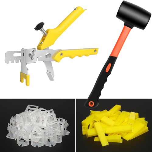SDLDEER Tile Leveling System 3mm 300Pcs Tile Spacers Leveling Clips 100pcs Resuable Wedges 1 Tile Leveling Pliers and 1 Rubber Hammer, Efficient Tools for Flooring and Tiles