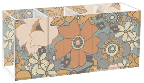 FRODOTGV Stiftehalter aus Acryl, helle Blumen, 70er-Jahre, Schlafzimmeraufbewahrung, Buntstift-Organizer, transparenter Make-up-Pinselhalter, 4 Fächer