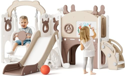 Mloong 12 in 1 Toddler Slide and Swing Set, Kids Slide for Toddlers 1-3 Years Old Baby, Indoor Outdoor with Basketball Hoop Drawing Golf for Kids Easy Assembly(Beige & Rosy Brown)(82×67×41in)