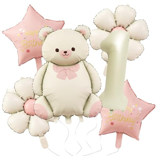 Koboko Bär Geburtstagsdeko 1 Jahr Mädchen, Luftballon 1. Geburtstag Mädchen, Bären Ballon Deko 1 Geburtstag, Gänseblümchen Luftballons 1. Geburtstag, Rosa Folienballon Erster Geburtstag Mädchen