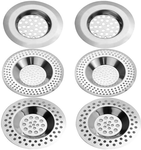Juego de 6 coladores para fregadero de cocina con desagüe de ducha, colador de desagüe de ducha, colador para cocina, baño, inodoro, protección del drenaje, acero inoxidable y metal, 3 tamaños