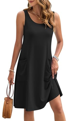 AUSELILY Abito Estivo da Donna Senza Maniche Lunghezza al Ginocchio | Abito da spiaggia casual linea ad A con tasche Abito leggero senza maniche con scollo rotondo Estate Vacanza