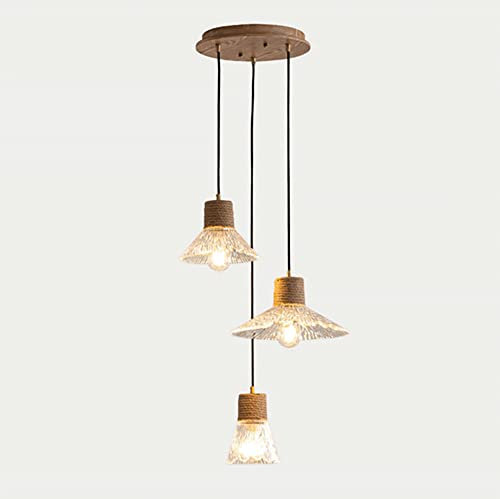 Lamp Suspension en Verre à 3 têtes, Lampe Suspendue en Bois avec décoration en Corde de Chanvre, luminaire E27, Lampes à Suspension décoratives de Ferme, lustres industriels Vintage pour Salle à