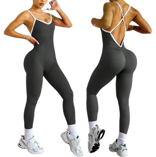 XDSP Damen Sport Jumpsuit Eng Yoga Rückenfreie Padded Overall Bodysuit Hohe Taille Ärmellos Sportkleidung Scrunch Butt Elegant Ganzkörperanzug Sexy Stretch Yoga Slim Fit Einteiler Romper