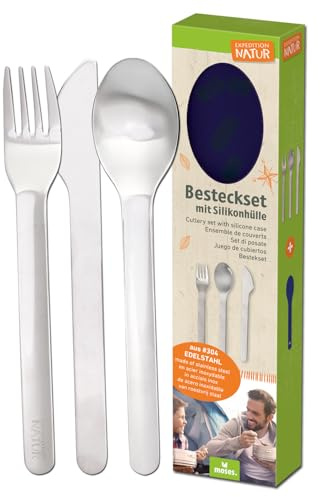 moses. Expedition Natur Besteckset, 3-teiliges Kinder-Besteck mit Messer, Gabel und Löffel aus rostfreiem Edelstahl, mit praktischer Silikonhülle, ideal für Camping, Reise, Outdoor & Schule
