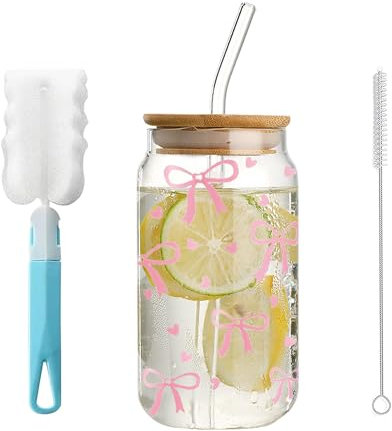 Vasos de Cristal con Tapa y Pajita,Vaso de Cerveza con Tapas y Pajita de 16 Oz,Taza de Té de Burbujas,Taza de Café Helado,Vaso de Vidrio con Popote y Tapa,para el Agua,Café,Cóctel,Refresco (B)