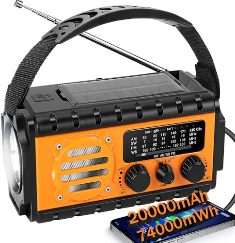 Radio de Emergencia Portátil 20000mAH, TKMARS Radio de Manivela Pequeña Am FM con Solar y Pilas Radios Power Bank con Linterna y Lámpara de Lectura, Alarma SOS, Cargador de Teléfono(Naranja)