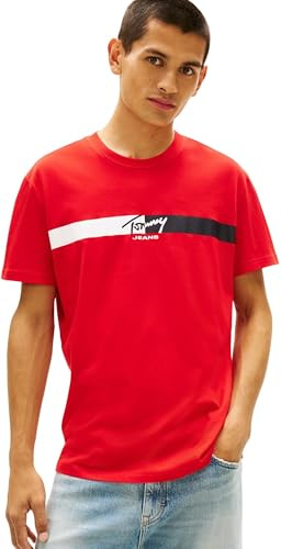 Tommy Jeans Herren T-Shirt Kurzarm Signature Stripe aus Baumwolle, Rot (Rapid Red), XXL
