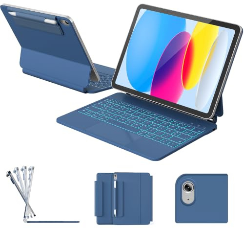 RAYMCRAFT Coque Clavier pour iPad (A16) 11e/10e Génération, Magic Keyboard pour iPad A16 2025/10e 10.9, Rétroéclairage 11 Couleurs, Support Magnétique, Smart Trackpad, Boucle pour Stylet, Bleu Foncé