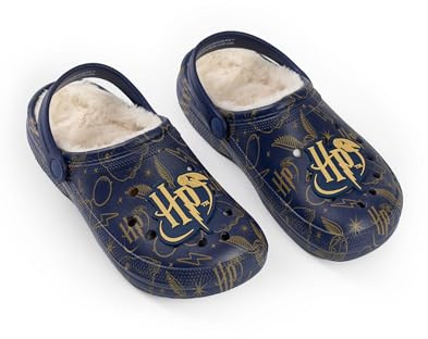 Harry Potter Zuecos para Mujer con Logo Azul Marino y Forro de Piel | Forro Suave para Mayor Comodidad | Calzado Informal para el día a día | Zuecos con temática de películas