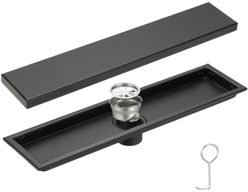 sourcing map Rectangular Shower Drain, Brushed 304 Stainless Steel Odor-proof Floor Drain Linear Shower Drain Hair Catcher for Bathroom Kitchen and Laundry Room(16 Inch, Black)