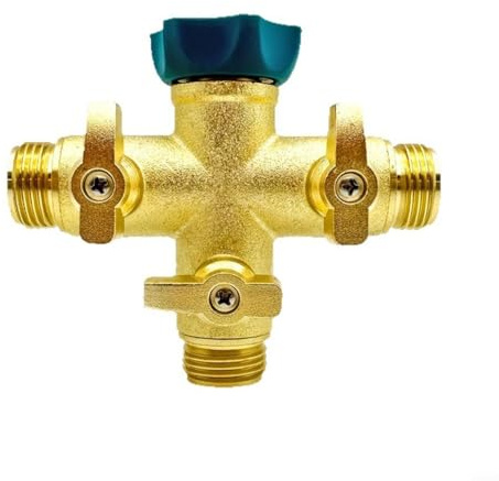 Divisor de manguera de jardín de latón de 3 vías con diseño resistente y válvulas de control para conectar y operar tres mangueras de 3/4 pulgadas en sistemas de riego y jardín (NH3/4)