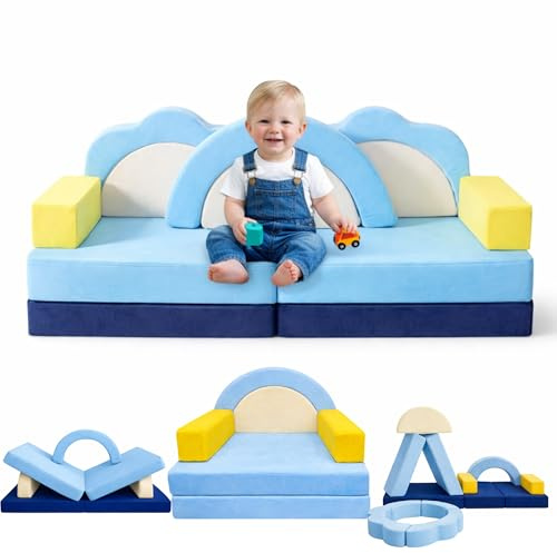 Klein Brn 11-teiliges modulares Kindersofa aus Samt für Kinder - Spielsofa I Bodensofa & Schlafsessel ab 1 Jahr (Ozean)