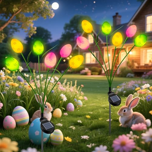 Qoosea Osterdeko Solarlampen für Außen Garten, 2 Stück Solarleuchten Ostereier Dekorationen mit 2 Beleuchtungsmodi, Wasserdicht Firefly Solarlampen OsternDeko für Balkon Garten Party