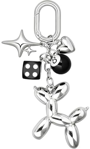 Vesavifaka Silber Ballonhund Schlüsselanhänger, Silber Taschenanhänger Y2K Mit 8 Ball Würfel Charm Schlüsselanhänger Für Damen Mädchen, Aesthetic Bag Charms Für Rucksack Tasche Handtasche