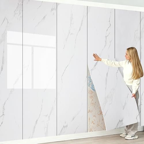 Camiraft White Marble Wall Panels Peel and Stick,40 x 300 cm Self Adhesive Wall Panels Roll 2.3mm Thick Marble Wallpaper PVC Waterproof Foam Wallpaper for Kitchen,Living Rooms,Bedrooms TV Walls
