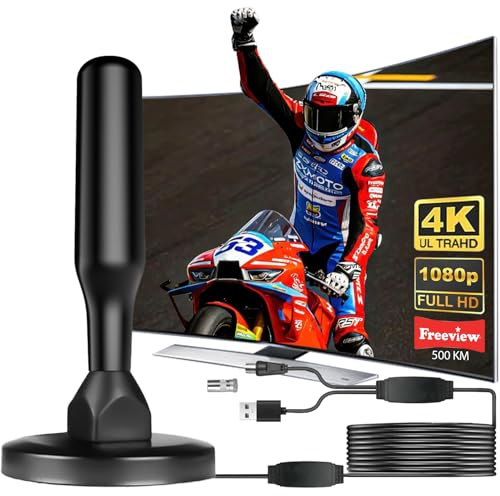 Antenne TV Intérieur Puissante, Nouveau pour 2026 Antenne TNT HD avec Amplificateur de Signal Intelligent, Réception 360° Longue Portée 500km, Compatible pour Toutes Les Chaînes Gratuites (Black)