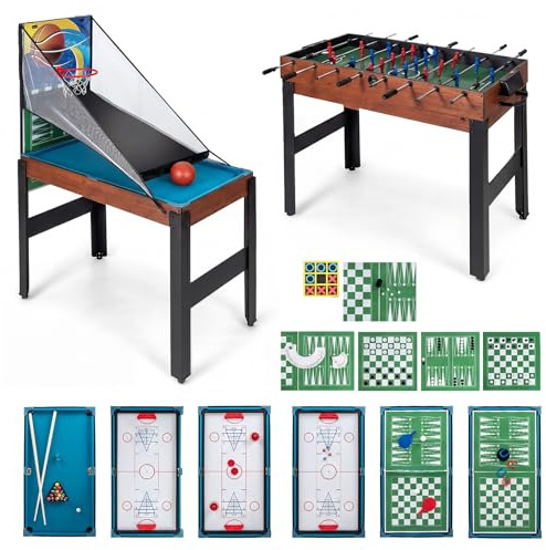 GOPLUS Mesa Multijuegos Convertible 14 en 1 con Futbolín, Mesa Multifuncional con Billar, Air Hockey, Ping Pong, Baloncesto, Shuffleboard, Ajedrez, Juegos Combinada para Fiesta Bar Hogar (Natural)