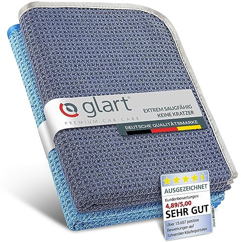 Glart 47TB Set di 2 Asciuganti per Auto Microfibra Premium, Extra Assorbenti, 70x40 cm, Asciugatura senza graffi per vernici, cerchioni, finestrini, Blu Grigio