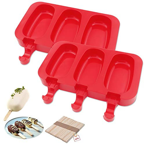 Sakolla Selbstgemachte Silikonformen mit Deckel, BPA-freie Eiscreme-Bar-Form, 3 Mulden, Silikon-Eisform mit 40 Holzstäben, 2 Stück (oval)