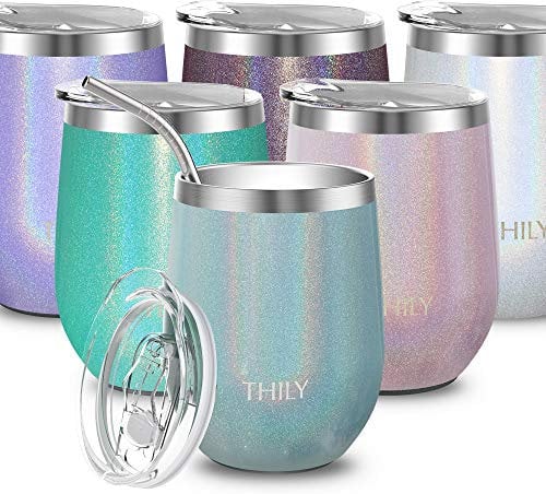 THILY Vacuum Insulated Stemless Wine Glass Stainless Steel 12 oz Wine Tumbler with Spill Proof Lid, Straw, Cute Cup, Keep Cold & Hot for Coffee, Cocktails, Drinks, Glitter Light-Blue
