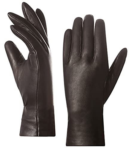 Harssidanzar Winter Lederhandschuhe Damen,Damen Italienische Lammfell Lederhandschuhe Kaschmir Gefüttert,Braun,L