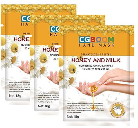 3 Pairs Hands Moisturizing Gloves, Hand Skin Repair Renew Mask w/Infused Collagen, Moisture Enhancing Gloves for Dry, Aging, Cracked Hands(Honey&Milk))
