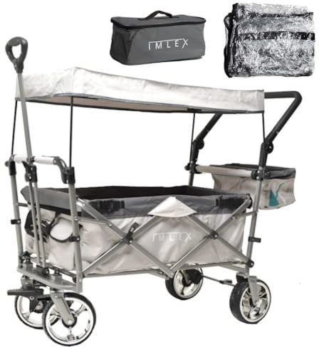 IMLEX Bollerwagen faltbar mit Dach IM-4268 mit passendem Zubehör (Grau, Mit Regenschutz + Kühltasche)