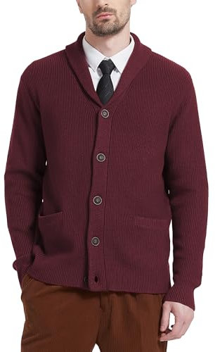 Kallspin Herren Wollschal-Kragen Strickjacke mit Knöpfen und Taschen(Burgund, S)