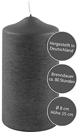 FINK dunkelgraue Kerzen - rußarm - lange Brenndauer ca 80 Stunden - stilvolle Tisch Dekoration Trauerfeier Beerdigung H 15 D 8 cm