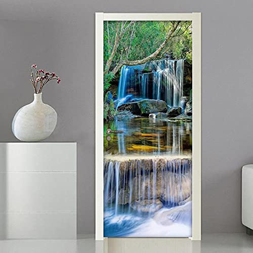 FHKGIUJAD 3D Türtapete Selbstklebend Pvc Türposter Grün Bäume Wasserfall 3D Bewirken Fototapete Türfolie Poster Tapete Abnehmbar Wandtapete Für Wohnzimmer Küche Schlafzimmer 40X120Cm